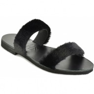  δερμάτινη μαύρη σαγιονάρα με γούνα iris sandals ir12