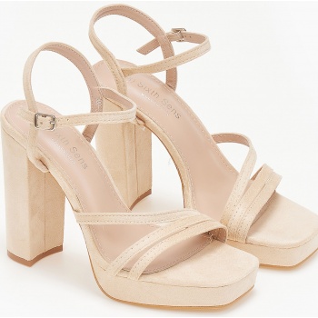 suede πέδιλα με χοντρό τακούνι - μπεζ
