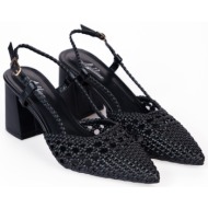  μυτερές γόβες open heel με χοντρό τακούνι και πλεκτό σχέδιο - μαύρο