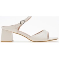  πέδιλα - mules σε καρέ γραμμή με χοντρό τακούνι - μπεζ