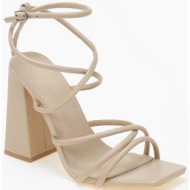  ψηλά πέδιλα με χοντρό τακούνι σε καρέ γραμμή - μπεζ