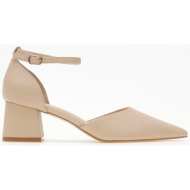  μυτερές γόβες με χοντρό τακούνι και μπαρέτα - μπεζ