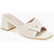  mules σε καρέ γραμμή με χοντρό τακούνι - μπεζ