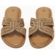  γυναικεία σανδάλια με ψάθινο σχέδιο - κάμελ