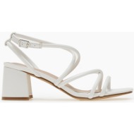  γυναικεία πέδιλα με χοντρό τακούνι σε καρέ γραμμή - λευκό