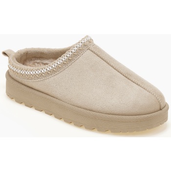 παντόφλες με γούνα και κέντημα - μπεζ