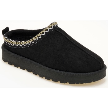 παντόφλες με γούνα και κέντημα - μαύρο