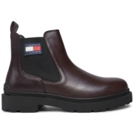  μποτάκια με λάστιχο tommy jeans tjm leather chelsea boot em0em01448 καφέ