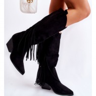 women`s suede cowboy boots with fringes black simplo