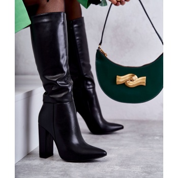 classic leather boots on heel black σε προσφορά