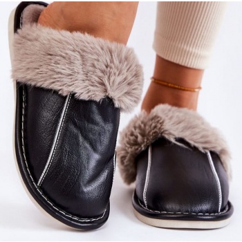 women`s leather slippers with fur black σε προσφορά