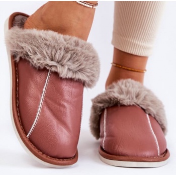 women`s leather slippers with fur dark σε προσφορά