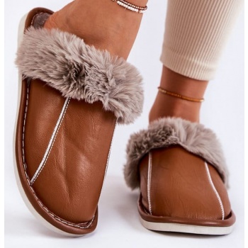 women`s leather slippers with fur brown σε προσφορά