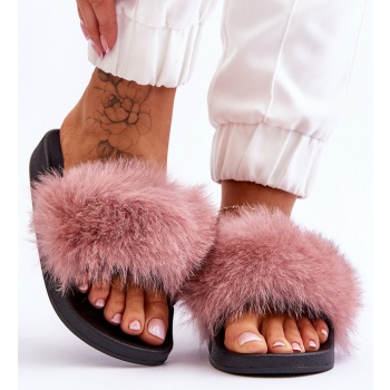 women`s rubber slippers with fur pink σε προσφορά