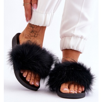 women`s rubber slippers with fur black σε προσφορά