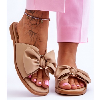 lady`s leather slippers with bow beige σε προσφορά