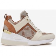  michael kors brown-cream women`s patterned sneakers with leather wedge details - women