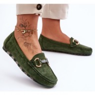  women`s suede loafers with dionira green decoration