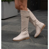  madamra beige women`s long leather boots with a belt