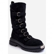  leather boots with straps workers black elnatea