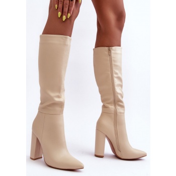 elegant heel boots leather beige σε προσφορά