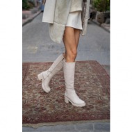 madamra beige women`s knee-length heeled boots