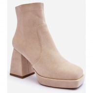  suede ankle boots with massive high heel, light beige abnous