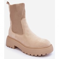  suede ankle boots with platform sock and flat heel, rewam beige