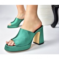  fox shoes green satin women`s thick heeled slippers