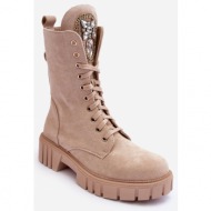  beige marx suede work ankle boots with jewelry decoration