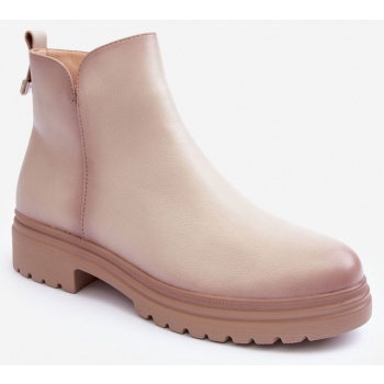 leather ankle boots with low heel beige σε προσφορά