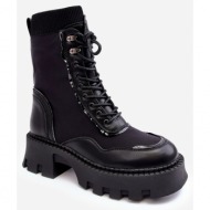  leather lace-up chunky women`s work boots black seloma