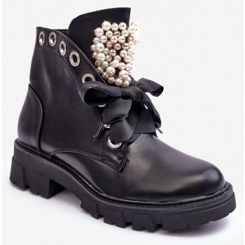 leather trimmed low heeled boots, black σε προσφορά