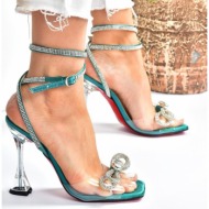  fox shoes women`s evening dress shoes in green fabric with transparent bands and stony