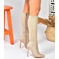 fox shoes beige suede women`s thin heeled pointed toe boots