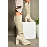 fox shoes r282230102 women`s beige suede thick heeled boots