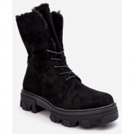  suede lace-up work ankle boots with fur, black frendo
