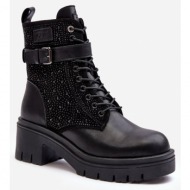  leather work ankle boots decorated with rhinestones goe black