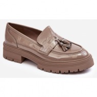  patent leather loafers with fringes, dark beige velenase
