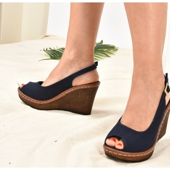 fox shoes navy blue linen wedge heels σε προσφορά