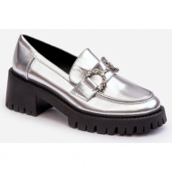  women`s leather boots with chunky high heels, silver lemmitty