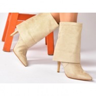  fox shoes beige suede women`s thin heeled daily boots