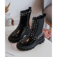  girls` patented chelsea shoes decorated with black adelie rhinestones