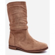  beige women`s flat-heeled boots with a ruffled top