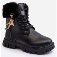  leather warm children`s ankle boots with chain, black cadia