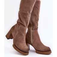  women`s suede boots with high heels above the knee, brown lemar ceraxa