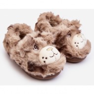  children`s fur slippers with teddy bear, dark beige apolania