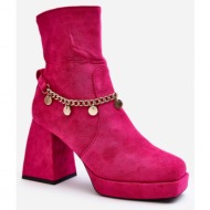  women`s high-heeled ankle boots with a chain fuchsia tiselo