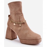  women`s high-heeled ankle boots with chain, beige tiselo