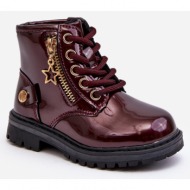  girls` patent leather boots with zipper, warm burgundy felori